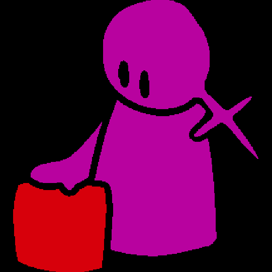 A pink figure with the female symbol on her head with her hand on her red cube.